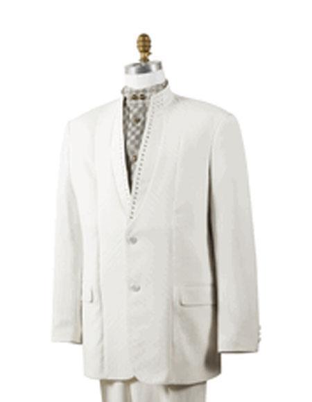 Mandarin Collar Tuxedo - Mandarin Tuxedo - No Collar Suit - Off White Suit - 38 Short Jacket+32 Waist Adjustable 28to34)(Height: 5’4”to5’7”)(Neck 15-16.5)S-M)