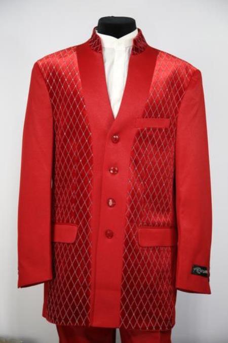 Mandarin Collar Tuxedo - Mandarin Tuxedo - No Collar Suit - Red Suit - 38 Short Jacket+32 Waist Adjustable 28to34)(Height: 5’4”to5’7”)(Neck 15-16.5)S-M)