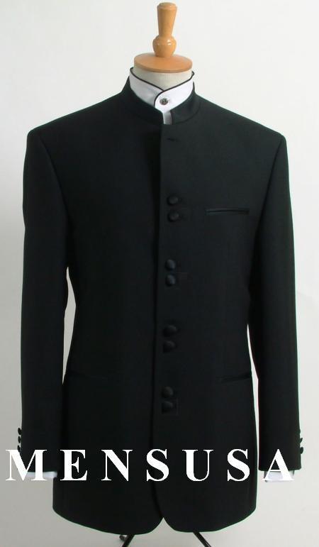Mandarin Collar Tuxedo - Mandarin Tuxedo - No Collar Suit - Solid Black Suit - 38 Short Jacket+32 Waist Adjustable 28to34)(Height: 5’4”to5’7”)(Neck 15-16.5)S-M)