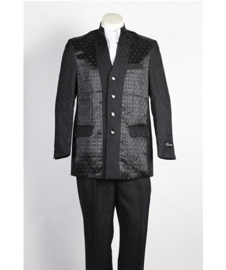 Mandarin Collar Tuxedo - Mandarin Tuxedo - No Collar Suit - Black Suit - 38 Short Jacket+32 Waist Adjustable 28to34)(Height: 5’4”to5’7”)(Neck 15-16.5)S-M)