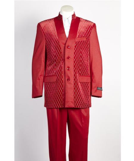 Mandarin Collar Tuxedo - Mandarin Tuxedo - No Collar Suit - Red Suit - 38 Short Jacket+32 Waist Adjustable 28to34)(Height: 5’4”to5’7”)(Neck 15-16.5)S-M)