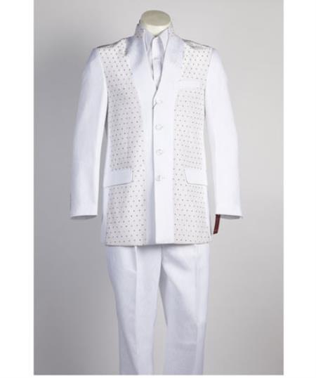 Mandarin Collar Tuxedo - Mandarin Tuxedo - No Collar Suit - White Suit - 38 Short Jacket+32 Waist Adjustable 28to34)(Height: 5’4”to5’7”)(Neck 15-16.5)S-M)