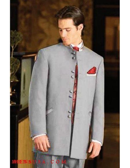 Mandarin Collar Tuxedo - Mandarin Tuxedo - No Collar Suit - Light Grey Suit - 38 Regular Jacket+32 Waist Adjustable 28to34)(Height: 5’7”to6)(Neck 15-16.5:S-M
