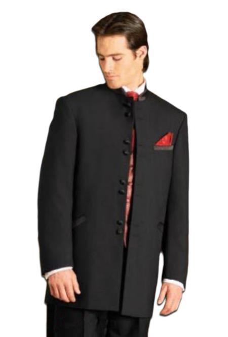 Mandarin Collar Tuxedo - Mandarin Tuxedo - No Collar Suit - Black Suit - 38 Short Jacket+32 Waist Adjustable 28to34)(Height: 5’4”to5’7”)(Neck 15-16.5)S-M)