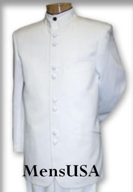 Mandarin Collar Tuxedo - Mandarin Tuxedo - No Collar Suit - White Suit - 38 Short Jacket+32 Waist Adjustable 28to34)(Height: 5’4”to5’7”)(Neck 15-16.5)S-M)