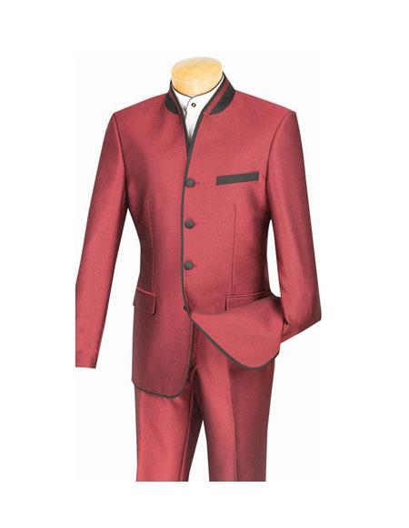 Mandarin Collar Tuxedo - Mandarin Tuxedo - No Collar Suit - Wine Suit - 38 Short Jacket+32 Waist Adjustable 28to34)(Height: 5’4”to5’7”)(Neck 15-16.5)S-M)