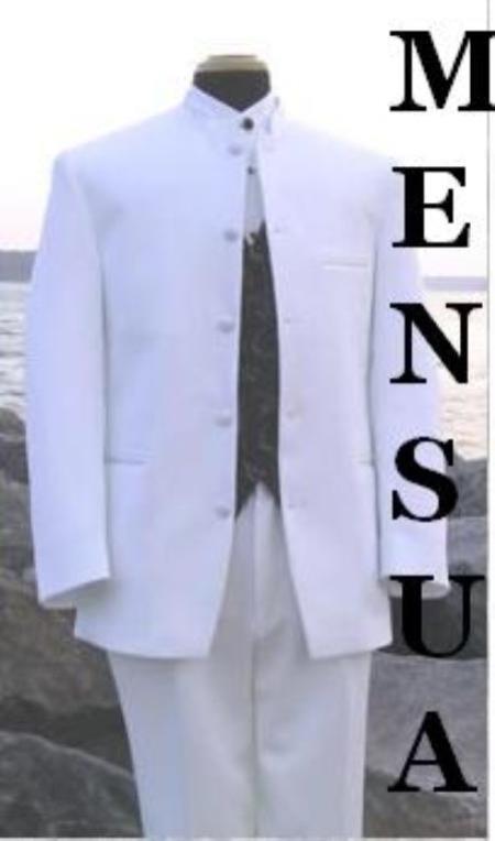 Mandarin Collar Tuxedo - Mandarin Tuxedo - No Collar Suit - White Suit - 38 Short Jacket+32 Waist Adjustable 28to34)(Height: 5’4”to5’7”)(Neck 15-16.5)S-M)