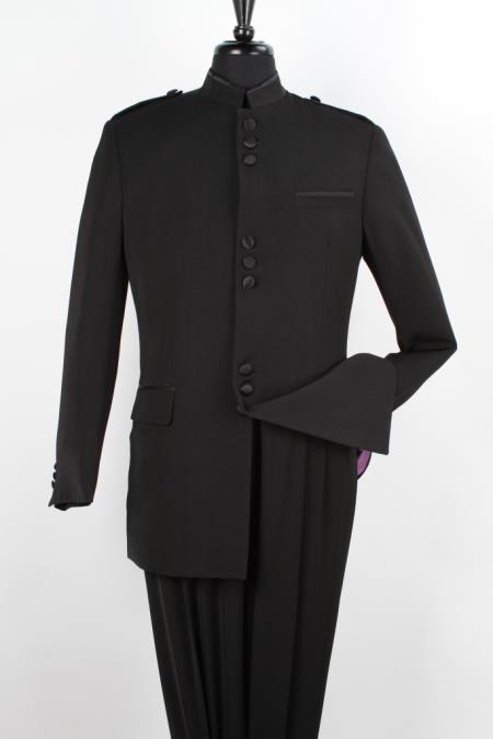 Mandarin Collar Tuxedo - Mandarin Tuxedo - No Collar Suit - Black Suit - 38 Regular Jacket+32 Waist Adjustable 28to34)(Height: 5’7”to6)(Neck 15-16.5:S-M