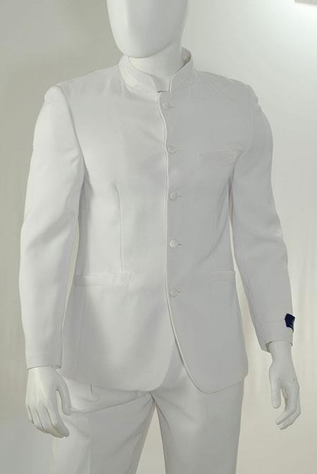 Mandarin Collar Tuxedo - Mandarin Tuxedo - No Collar Suit - White Suit - 38 Regular Jacket+32 Waist Adjustable 28to34)(Height: 5’7”to6)(Neck 15-16.5:S-M