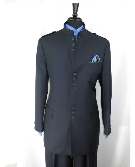 Mandarin Collar Tuxedo - Mandarin Tuxedo - No Collar Suit - Navy Blue Suit - 38 Short Jacket+32 Waist Adjustable 28to34)(Height: 5’4”to5’7”)(Neck 15-16.5)S-M)