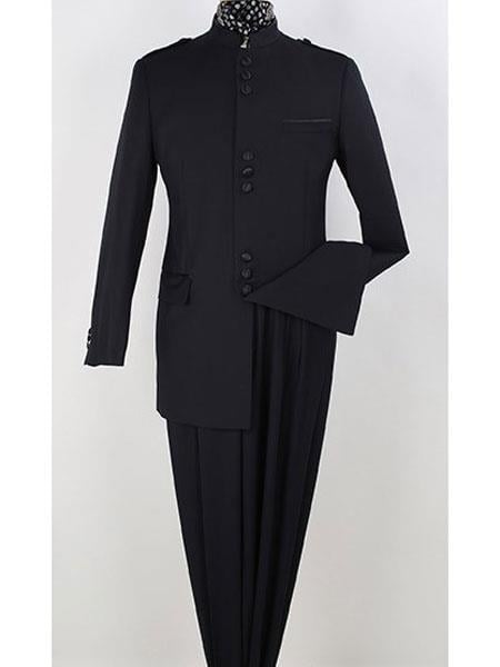 Mandarin Collar Tuxedo - Mandarin Tuxedo - No Collar Suit - Navy Suit - 38 Short Jacket+32 Waist Adjustable 28to34)(Height: 5’4”to5’7”)(Neck 15-16.5)S-M)