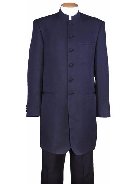 Mandarin Collar Tuxedo - Mandarin Tuxedo - No Collar Suit - Navy Suit - 38 Short Jacket+32 Waist Adjustable 28to34)(Height: 5’4”to5’7”)(Neck 15-16.5)S-M)