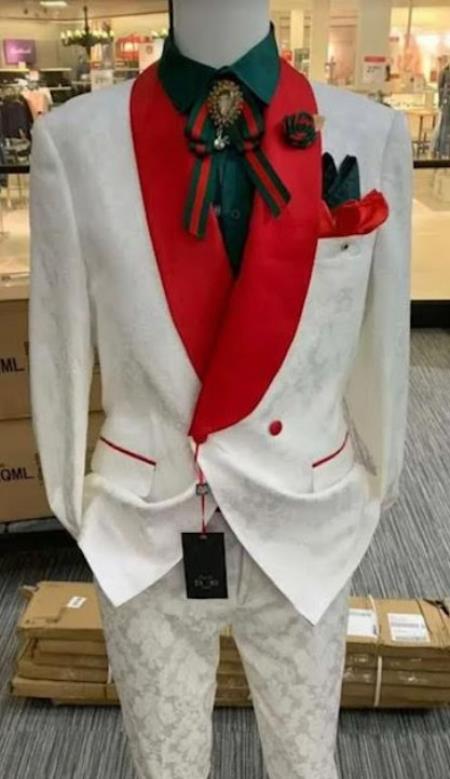 White and Red Tuxedo - Prom 2026 Suit - Groom Suit - 38 Short Jacket+32 Waist Adjustable 28to34)(Height: 5’4”to5’7”)(Neck 15-16.5)S-M)