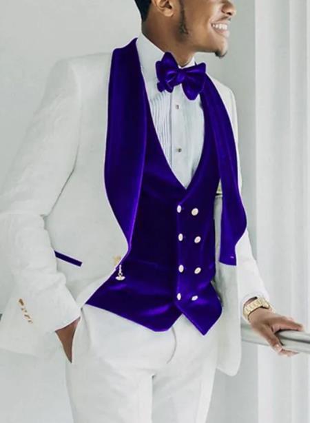 Mens Royal Blue Prom 2026 Tuxedo - Mens Vested Designer Wide Royal Blue Velvet Shawl Tuxedo in Ivory Paisley