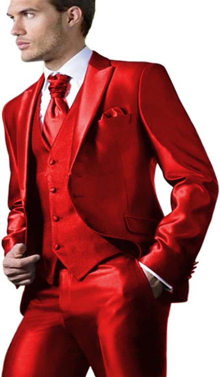 Shiny Suit - Prom 2026 Suit - Vested Sateen Flashy Suit - Red