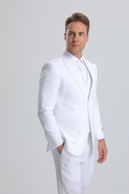 SKU#JA61389 Seersucker Suit - Summer Suit - Cotton Suit - White-New Designer Collection