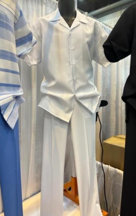 Men’s White Walking Suit, Casual Short Sleeve Shirt and Pants Summer Set