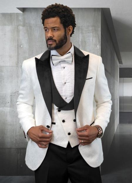 White and Black Tuxedo Vested Suit - Wedding Tuxedo - 38 Short Jacket+32 Waist Adjustable 28to34)(Height: 5’4”to5’7”)(Neck 15-16.5)S-M)