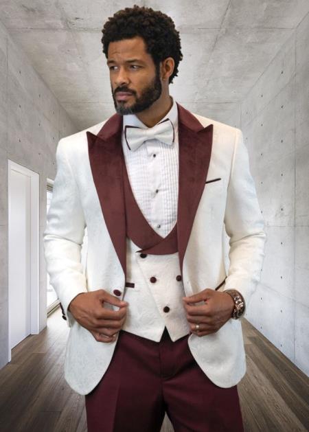 White and Burgundy Tuxedo Vested Suit - Wedding Tuxedo - 38 Short Jacket+32 Waist Adjustable 28to34)(Height: 5’4”to5’7”)(Neck 15-16.5)S-M)