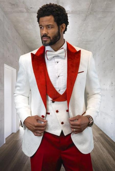 White and Red Tuxedo Vested Suit - Wedding Tuxedo - 38 Short Jacket+32 Waist Adjustable 28to34)(Height: 5’4”to5’7”)(Neck 15-16.5)S-M)