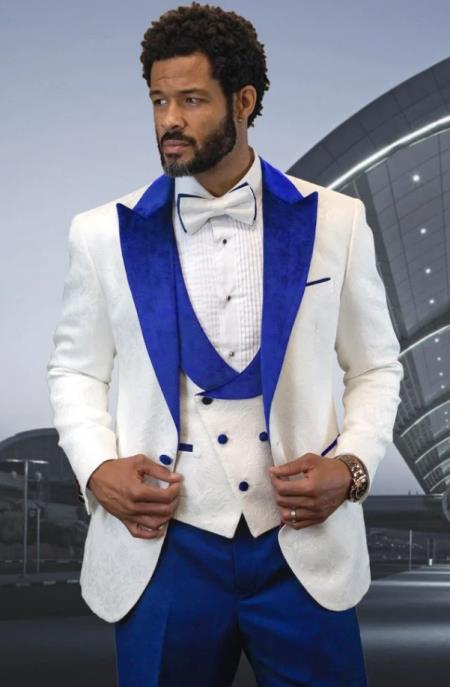 White and Royal Tuxedo Vested Suit - Wedding Tuxedo - 38 Short Jacket+32 Waist Adjustable 28to34)(Height: 5â€™4â€to5â€™7â€)(Neck 15-16.5)S-M)