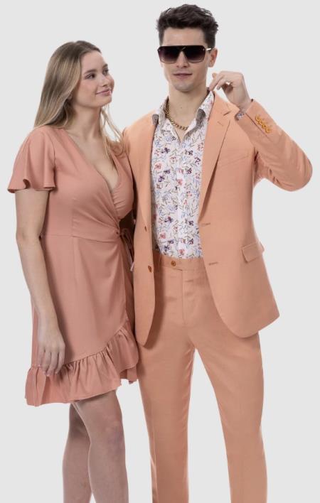 Salmone Color Suit - Peach Linen Suit - 38 Short Jacket+32 Waist Adjustable 28to34)(Height: 5’4”to5’7”)(Neck 15-16.5)S-M)
