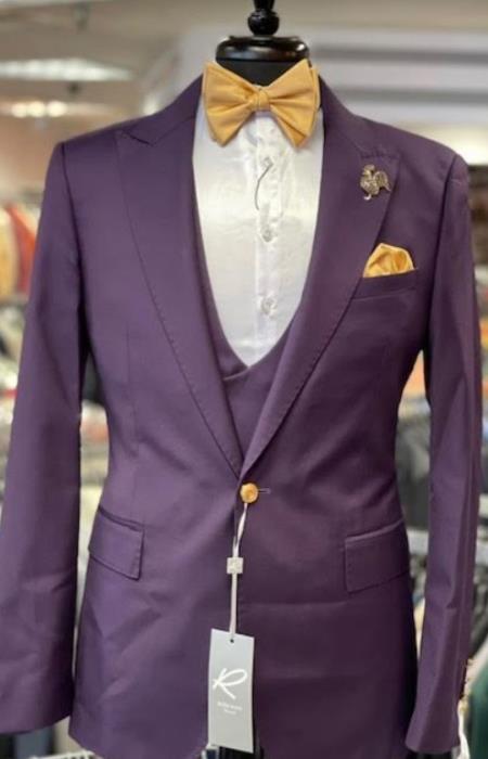 Rossiman Mens Plum Purple Suit – Gold Buttoned Double-Breasted Elegance - 38 Short Jacket+32 Waist Adjustable 28to34)(Height: 5’4”to5’7”)(Neck 15-16.5)S-M)