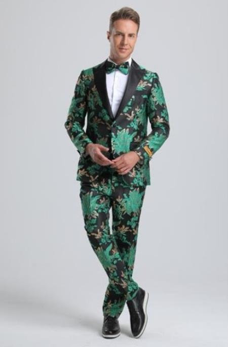 SKU#JA61536 Green and Black Tuxedo and Matching Bowtie - 38 Short Jacket+32 Waist Adjustable 28to34)(Height: 5’4”to5’7”)(Neck 15-16.5)S-M)
