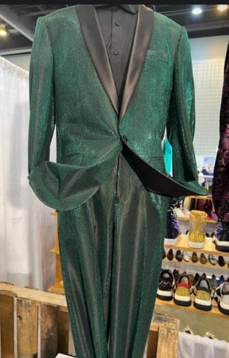 SKU#JA61538 Green and Black Tuxedo and Matching Bowtie - 38 Short Jacket+32 Waist Adjustable 28to34)(Height: 5’4”to5’7”)(Neck 15-16.5)S-M)