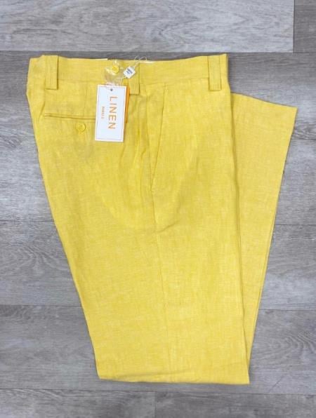 Linen Flat Front Pants Yellow - dress size pants : 28 Unfinished bottom