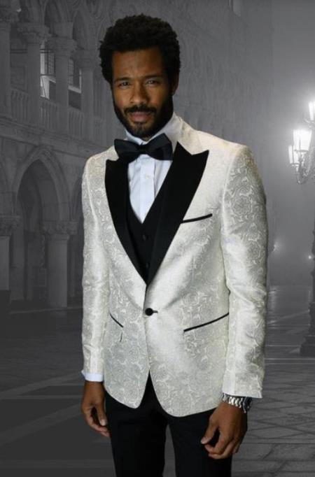 Cream Suit - Ivory Tuxedo - Off White Paisley Suit - Floral Tuxedo - Wedding Tuxedo - 38 Short Jacket+32 Waist Adjustable 28to34)(Height: 5’4”to5’7”)(Neck 15-16.5)S-M)