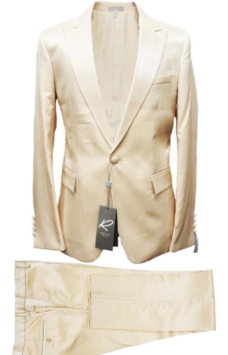 Rossiman Men’s Cream Sateen Suit – Elegant Glossy Formalwear - 38 Short Jacket+32 Waist Adjustable 28to34)(Height: 5’4”to5’7”)(Neck 15-16.5)S-M)