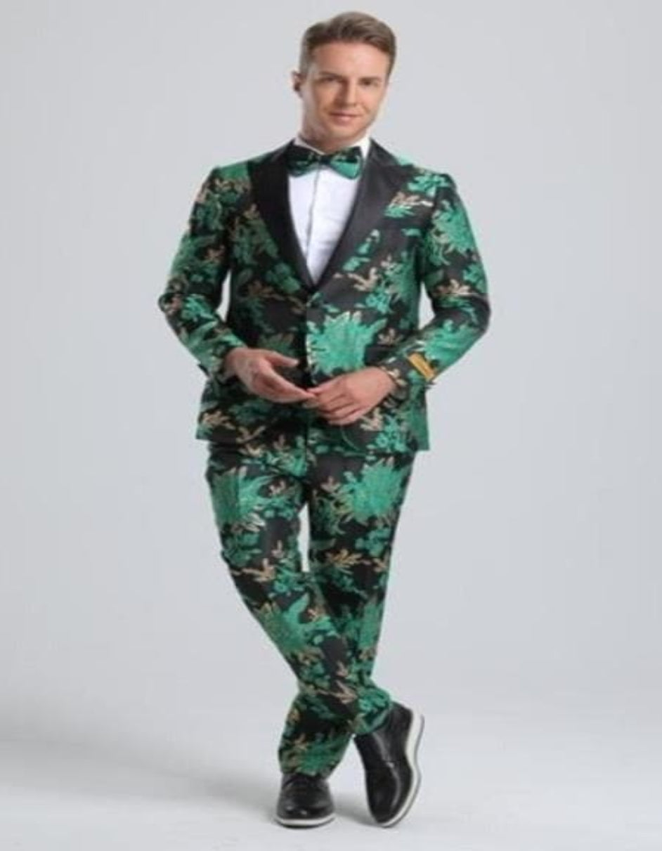 Emerald Green And Gold Tuxedo Suit - Green