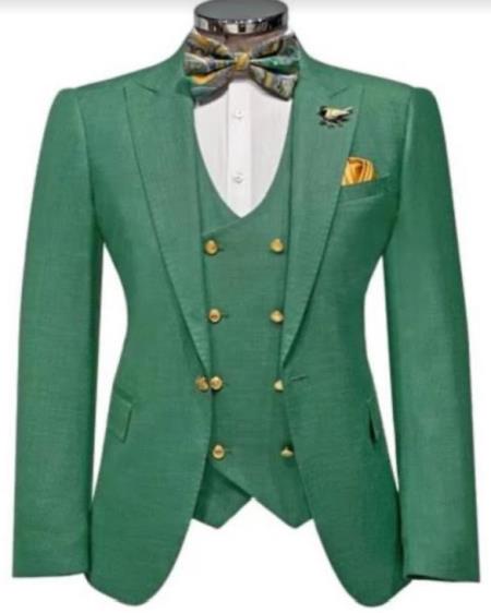 SKU#JA61583 Emerald Green and Gold Tuxedo Suit - 38 Short Jacket+32 Waist Adjustable 28to34)(Height: 5’4”to5’7”)(Neck 15-16.5)S-M)