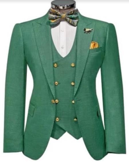 Emerald Green And Gold Tuxedo Suit - 38 Short Jacket+32 Waist Adjust 28to34)(Height: 5 4 to5 7 )(Neck  15-16.5)S-M)