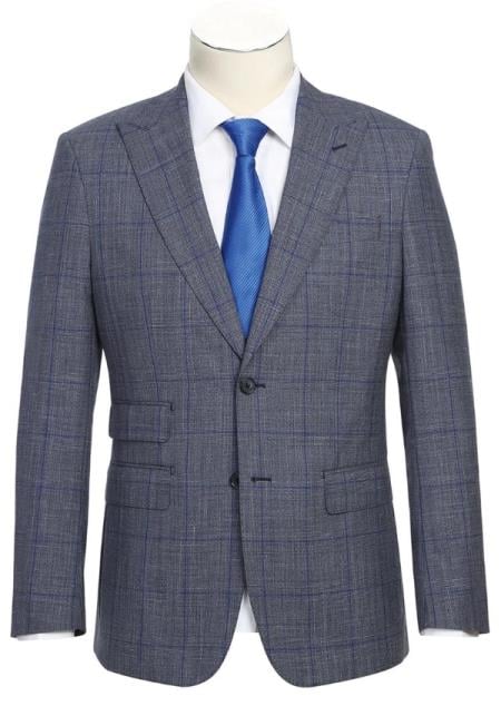 Gray and Blue Plaid Windowpane Suit for Men - 38 Short Jacket+32 Waist Adjustable 28to34)(Height: 5’4”to5’7”)(Neck 15-16.5)S-M)