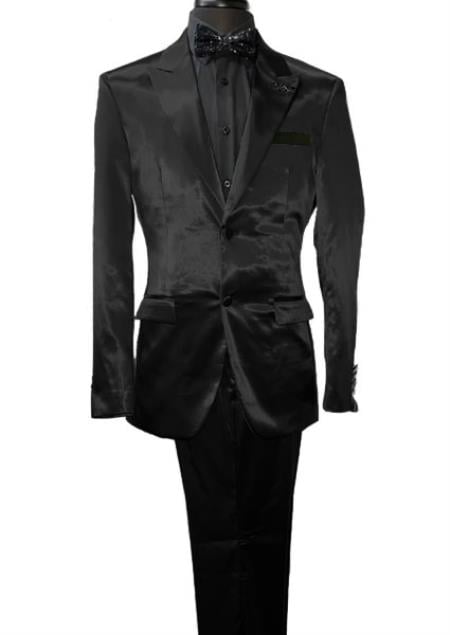 Mens Shiny Blazer - Black Sateen Vested Suit - 36 Short