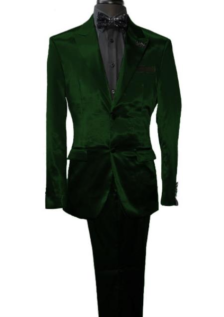 Mens Shiny Blazer - Hunter Green Sateen Vested Suit - 36 Short