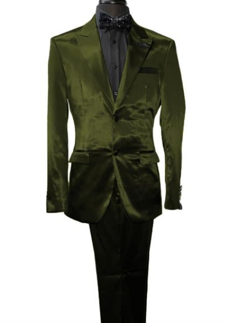 Mens Shiny Blazer - Olive Green Sateen Vested Suit - 36 Short