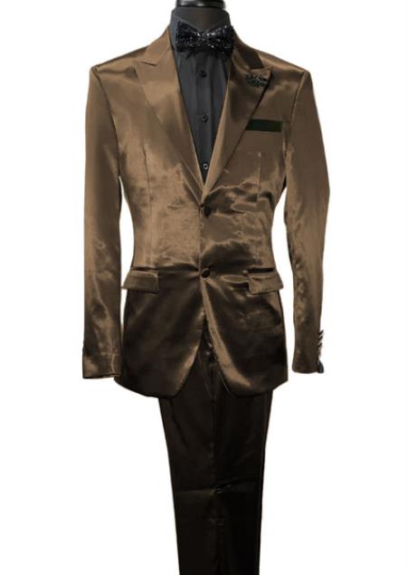 Mens Shiny Blazer - Tan Sateen Vested Suit - 52 Long