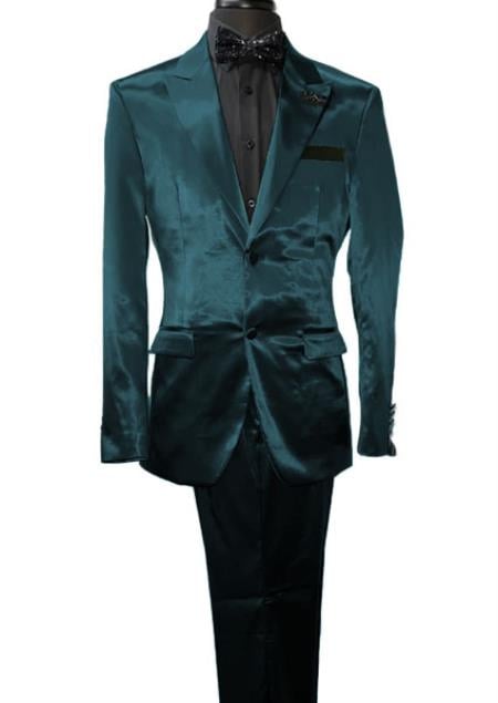 Mens Shiny Blazer - Teal Blue Sateen Vested Suit - 36 Short