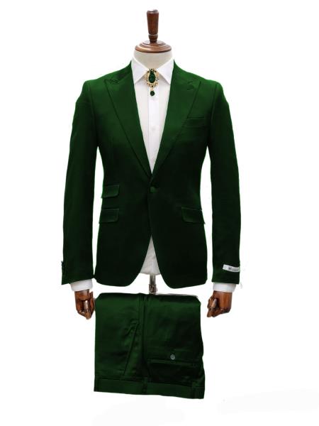 Mens Shiny Blazer - Hunter Green Sateen Vested Suit - 36 Short