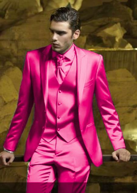 SKU#JA61711 Mens Shiny Blazer - Hot Pink Sateen Vested Suit-New Designer Collection