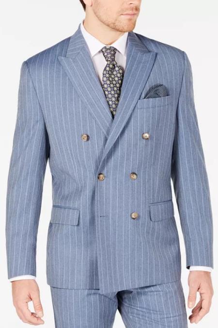 Sky Blue Stripe - Double Breasted Pinstripe Suit-New Designer Collection - 38 Short Jacket+32 Waist Adjustable 28to34)(Height: 5 4 to5 7 )(Neck  15-16.5)S-M)