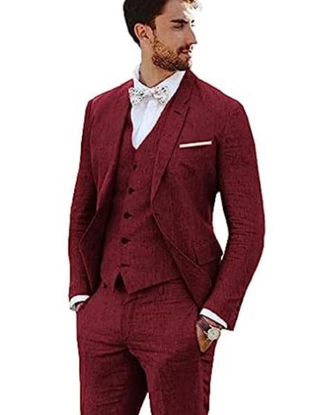 Mens Summer Linen suit - Light Burgundy  Suit For Man Side Vented Modern Fit Notch Lapel - 38 Short Jacket+32 Waist Adjustable   28to34)(Height: 5 4 to5 7 )(Neck  15-  16.5)S-M)