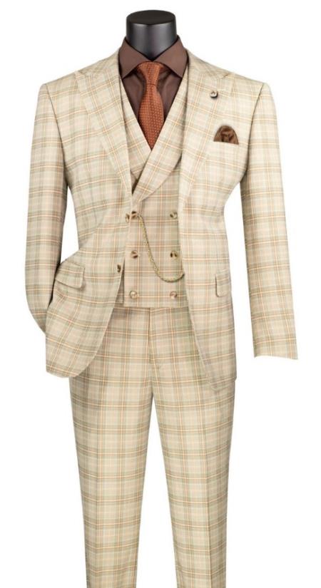 Khaki Plaid Suit - Vested Suit - 3 Piece Suits - Peak Lapel Suits - Windowpane Suit - 2 Button - 38 Short Jacket+32 Waist Adjustable 28to34)(Height: 5’4”to5’7”)(Neck 15-16.5)S-M)