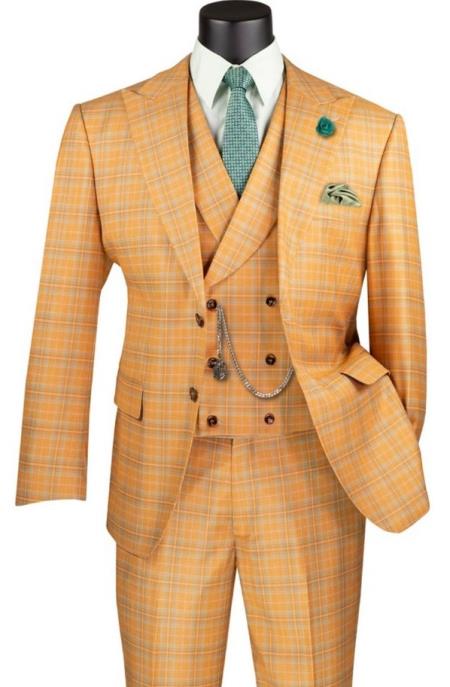 Orange Plaid Suit - Vested Suit - 3 Piece Suits - Peak Lapel Suits - Windowpane Suit - 2 Button-New Designer Collection