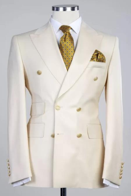 Off White - Ivory - Cream Color White Double Breasted Stylish Peaked Lapel Men Suits-New Designer Collection - 34 Short or Extra Small