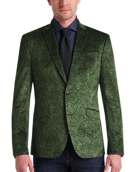 Olive Velvet Blazer - Paisley Sport Coat - Slim Fit-New Designer Collection - 52 Long