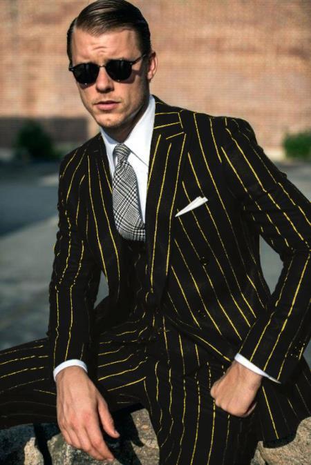 Mens Chalk Stripe Suit - Black and Gold Pinstripe Suit - 38 Short Jacket+32 Waist Adjustable 28to34)(Height: 5’4”to5’7”)(Neck 15-16.5)S-M)